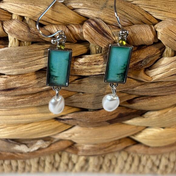 Blue Green Bar Earrings Faux Pearl Teardrop Dangle Modern Minimalist Jewelry - Picture 1 of 4